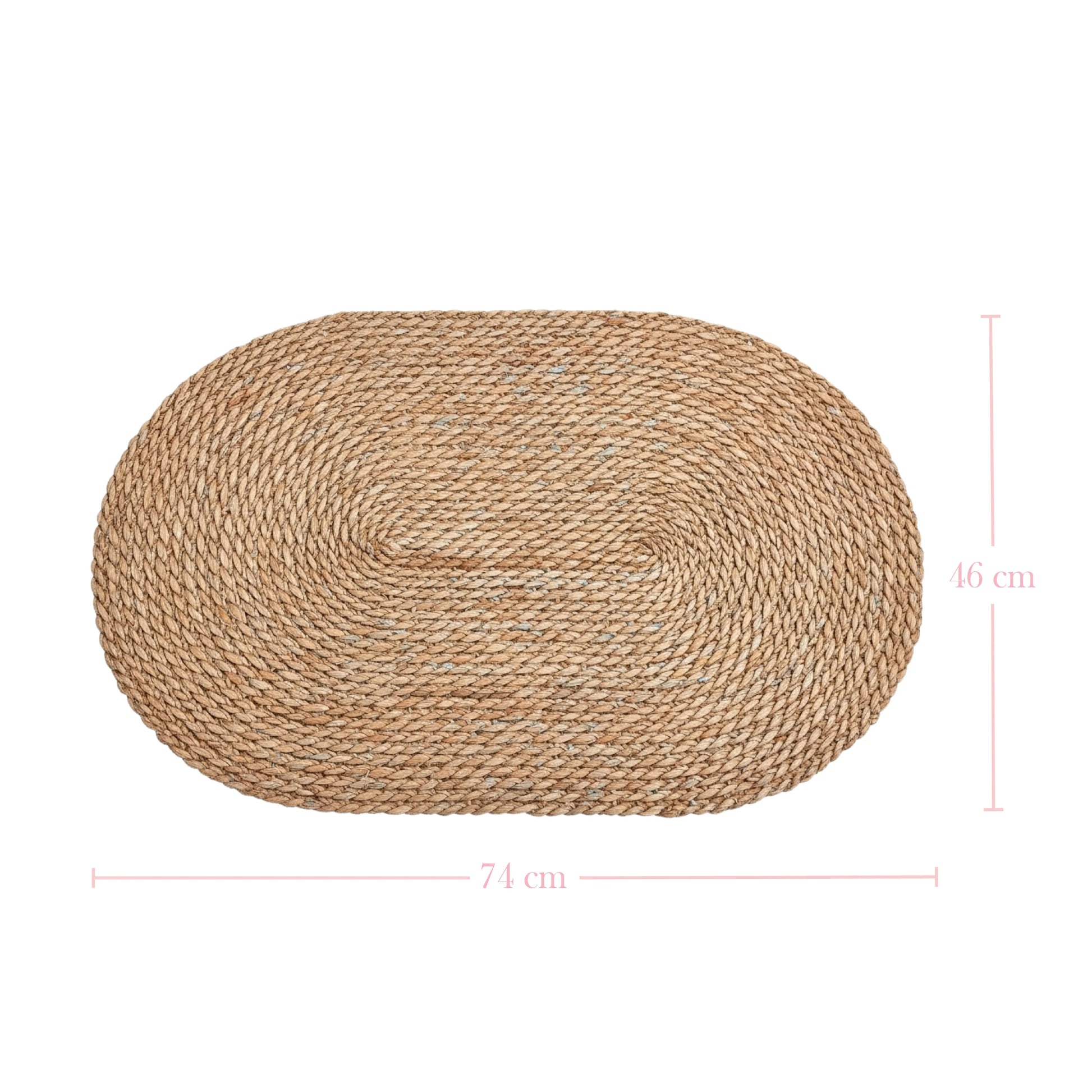 Oval-shaped woven mat with dimensions on a white background