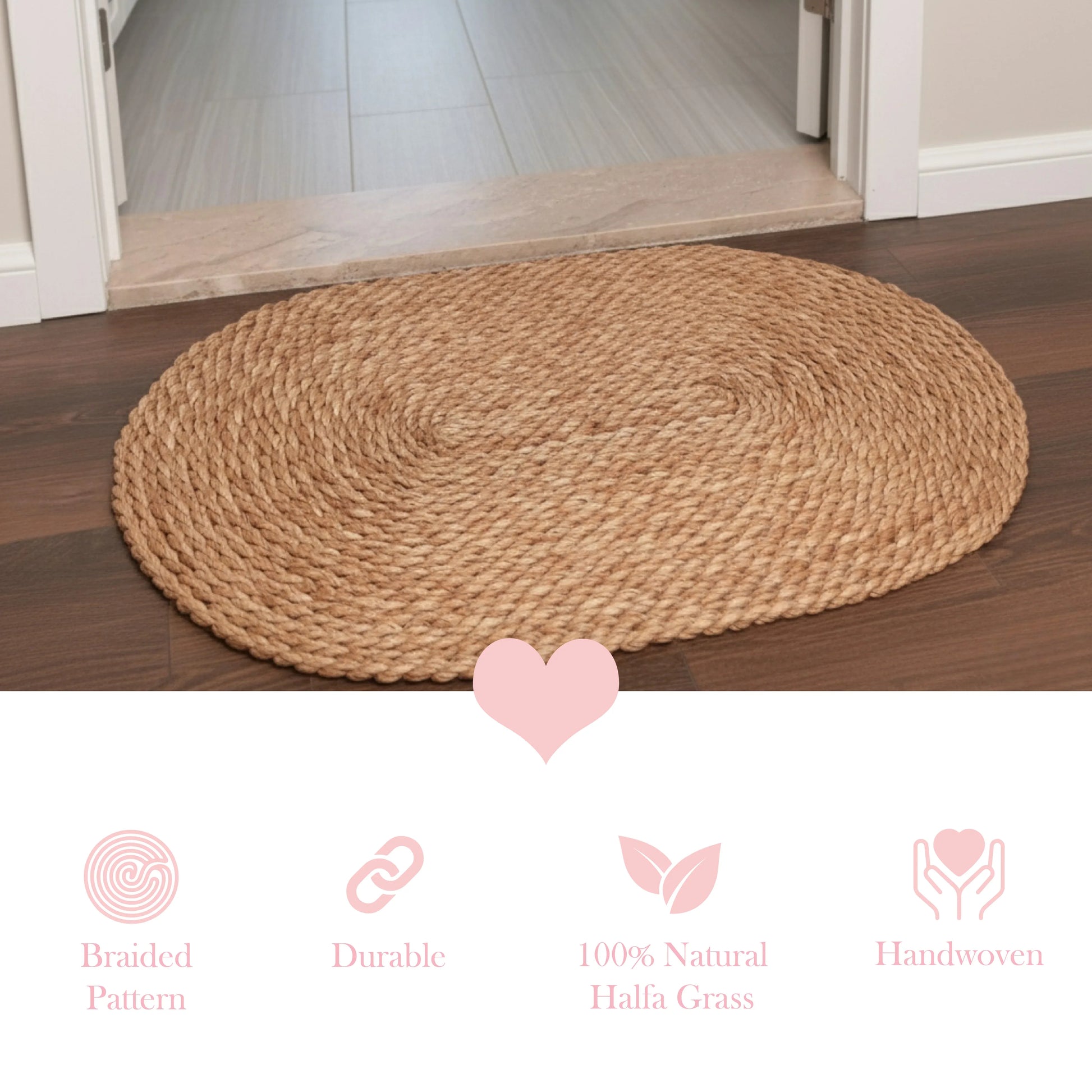 Round braided mat on a wooden floor with product features displayed below.
