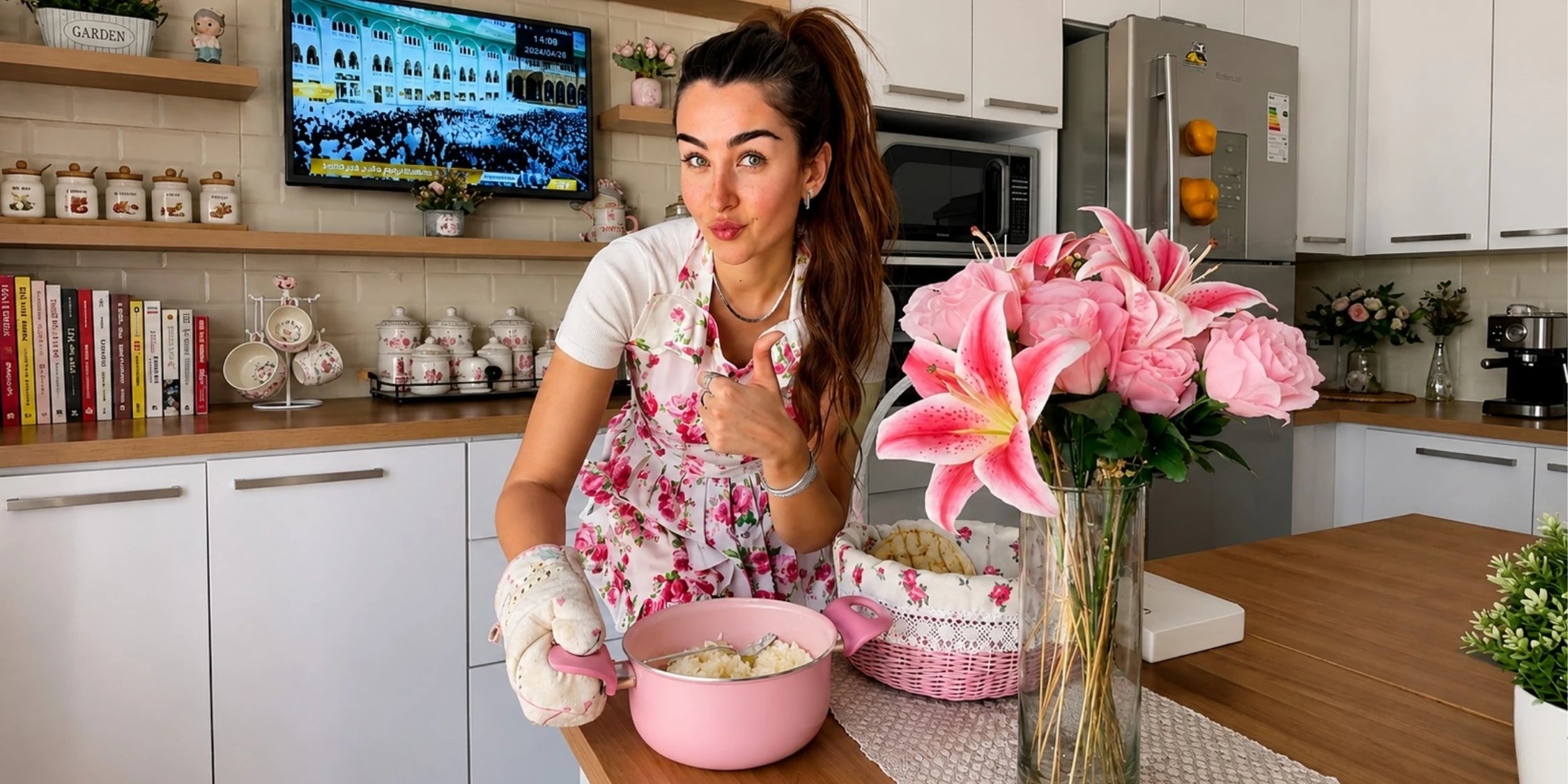 Hannah wearing a Fleur kitchen apron in a kitchen with pink flowers, a cooking pot, and a farmhouse wicker basket with handles.