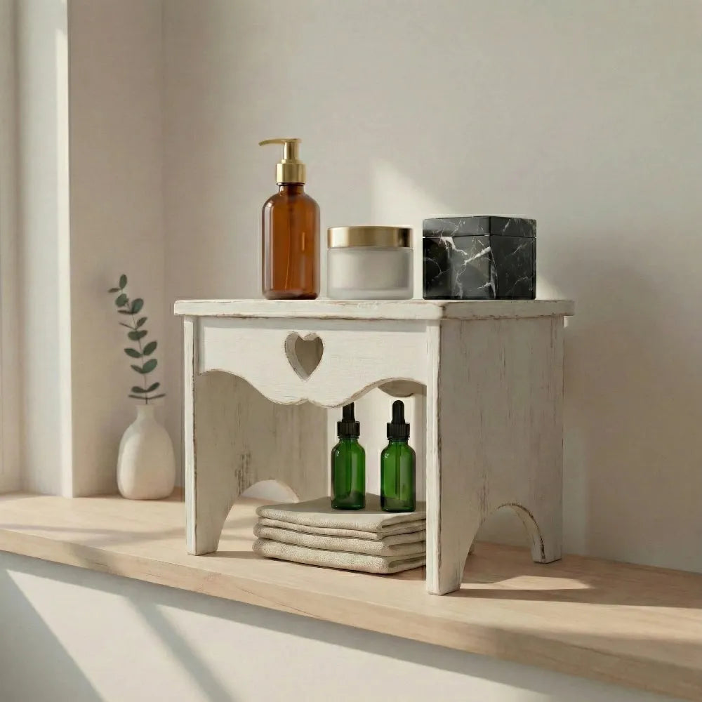 Heart Cut-Out Countertop Table with decorative bottles and candle on neutral background