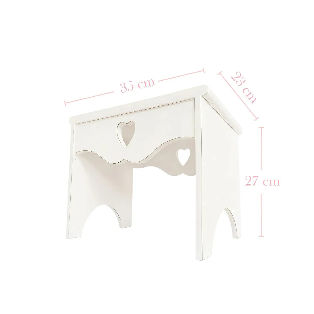 Heart Cut-Out Countertop Table dimensions with white decorative shelf design on white background
