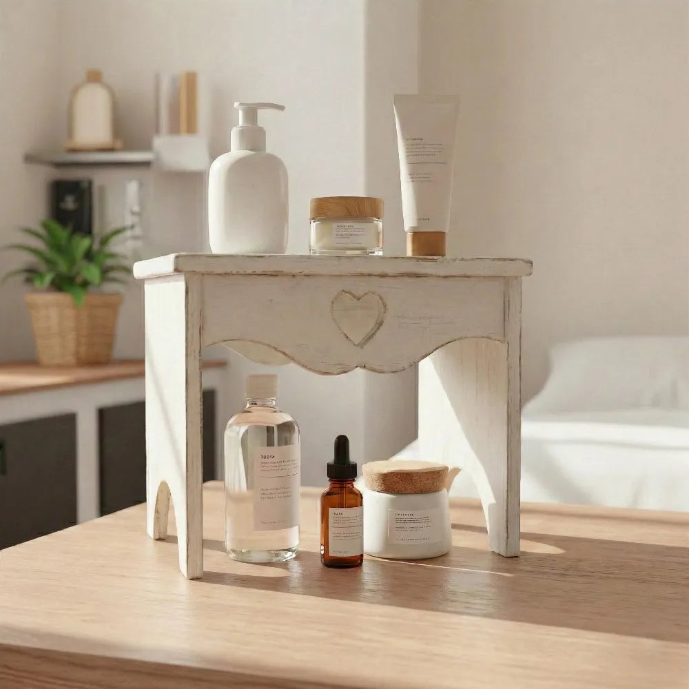 Heart Cut-Out Countertop Table with rustic design for versatile home organization and display