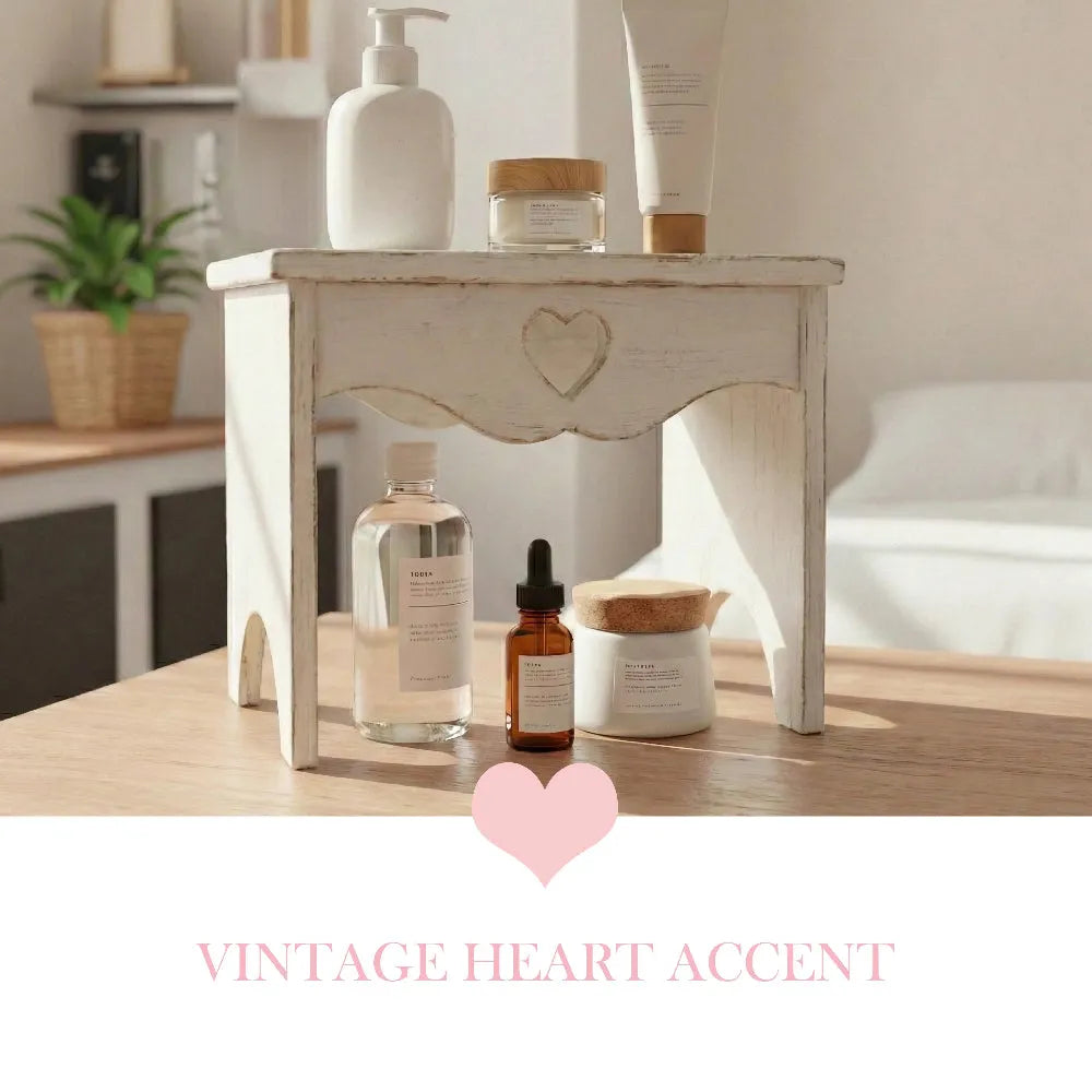 Heart Cut-Out Countertop Table displaying skincare products in a vintage wooden interior setting