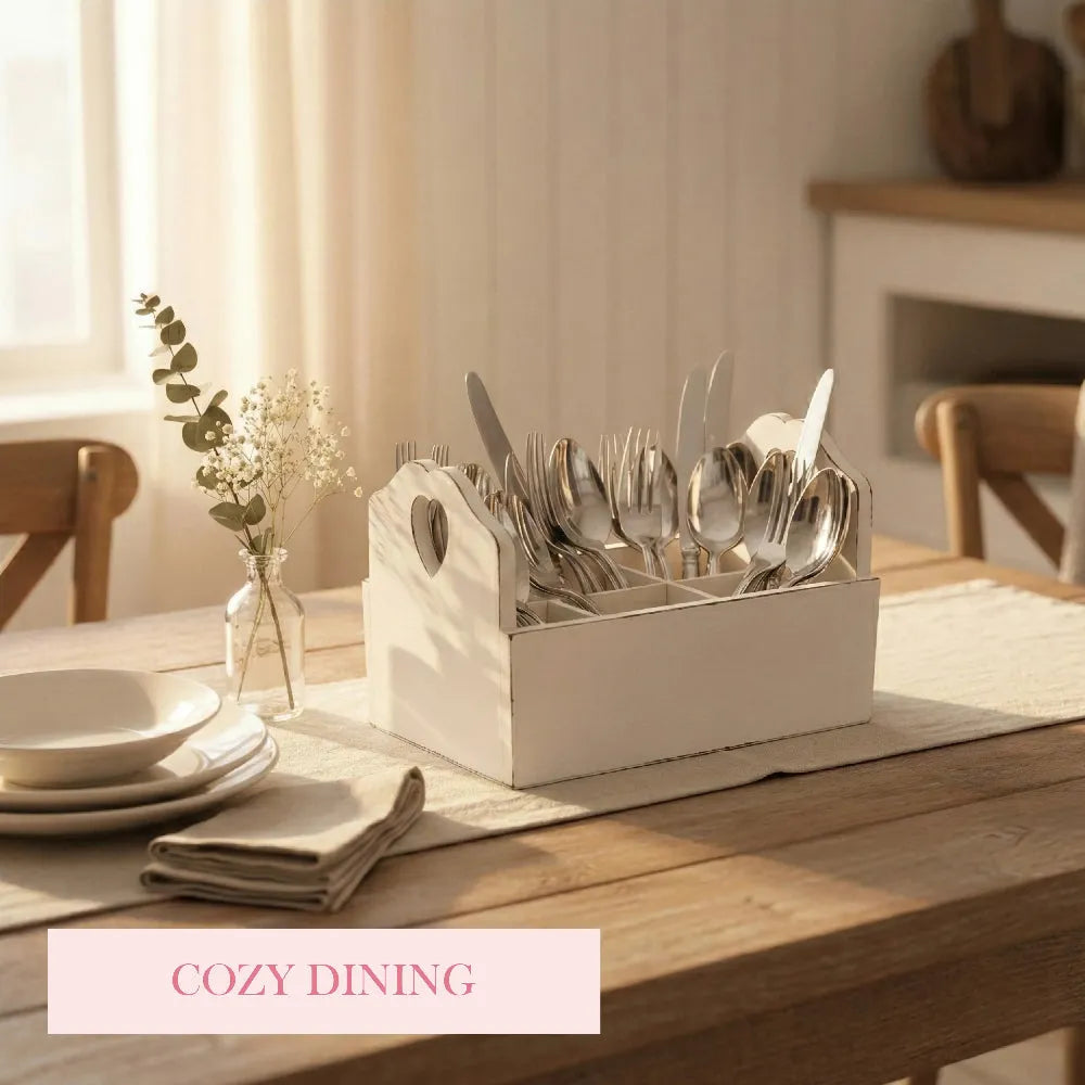 Heart Cut-Out Flatware Holder with silverware on a wooden table featuring Cozy Dining text