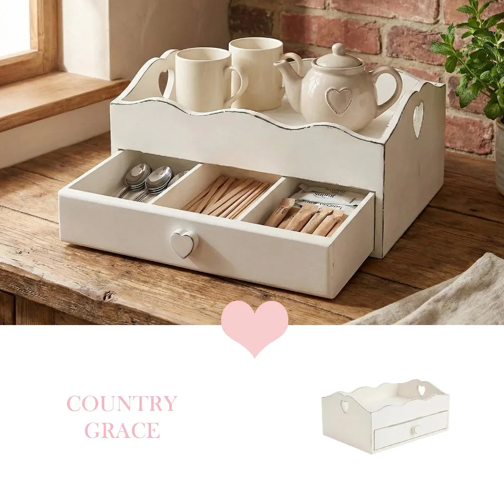 Heart Cut-Out Flatware Tray from Country Grace tea set collection displayed for table organization and serving