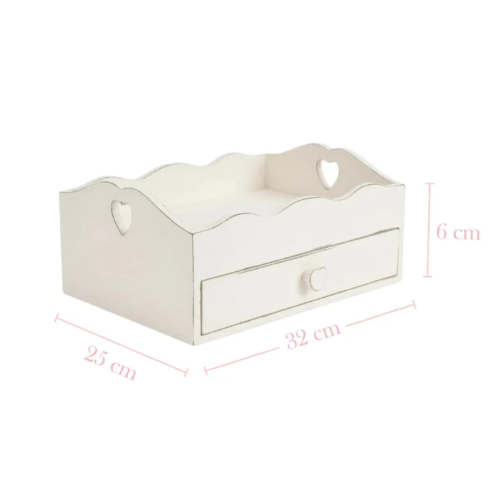 Heart Cut-Out Flatware Tray dimensions displayed on white background for kitchen storage