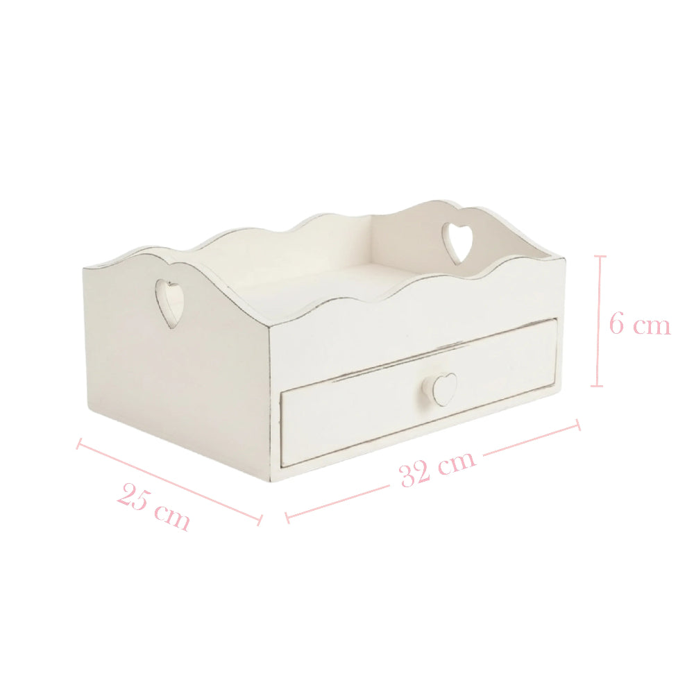 White wooden box with a drawer and dimensions on a white background