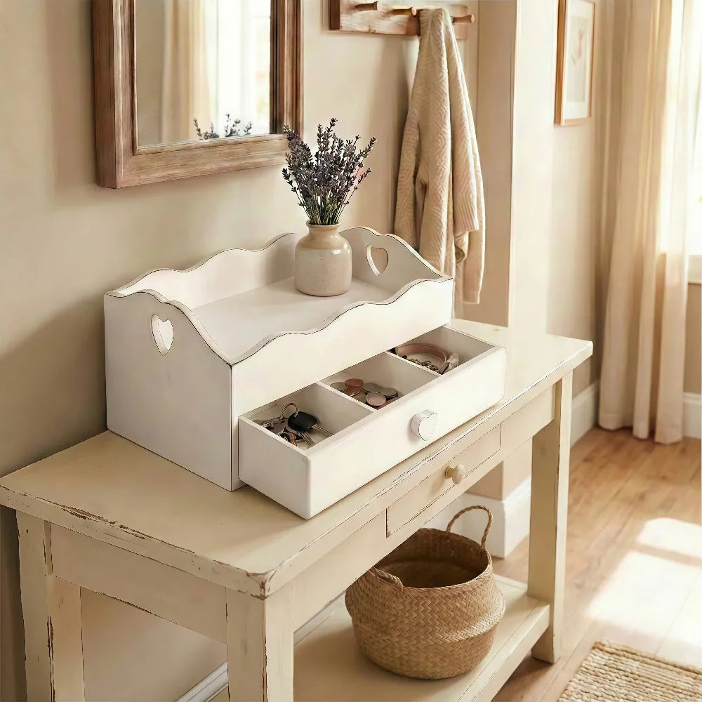 Heart Cut-Out Flatware Tray used as entryway console organizer for decorative storage display