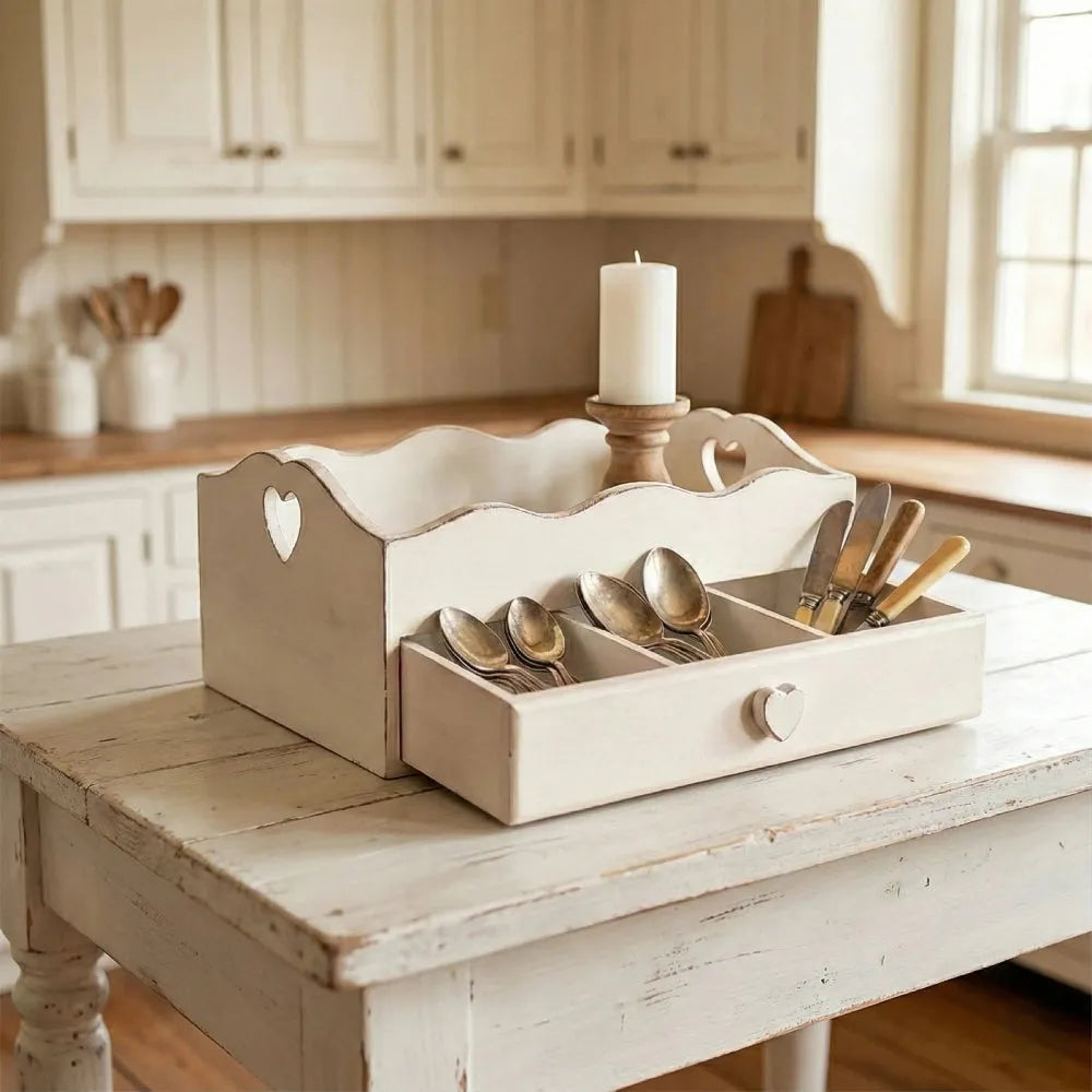 Heart Cut-Out Flatware Tray for kitchen decor displaying organized silverware and utensils storage
