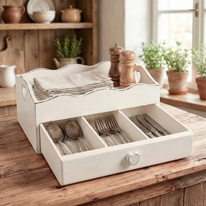 Heart Cut-Out Flatware Tray kitchen organizer with cut-out heart design for dining table storage setup