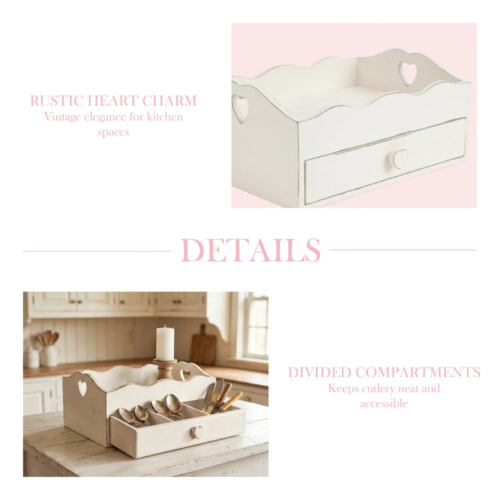 A product detail graphic for the Heart Cut-Out Flatware Tray highlighting its "Rustic Heart Charm" and "Divided Compartments" for vintage kitchen elegance.
