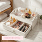 White wooden Heart Cut-Out Flatware Tray styled as a vanity organizer with cosmetics, perfumes, and makeup brushes on a marble surface with "Timeless Style" text.