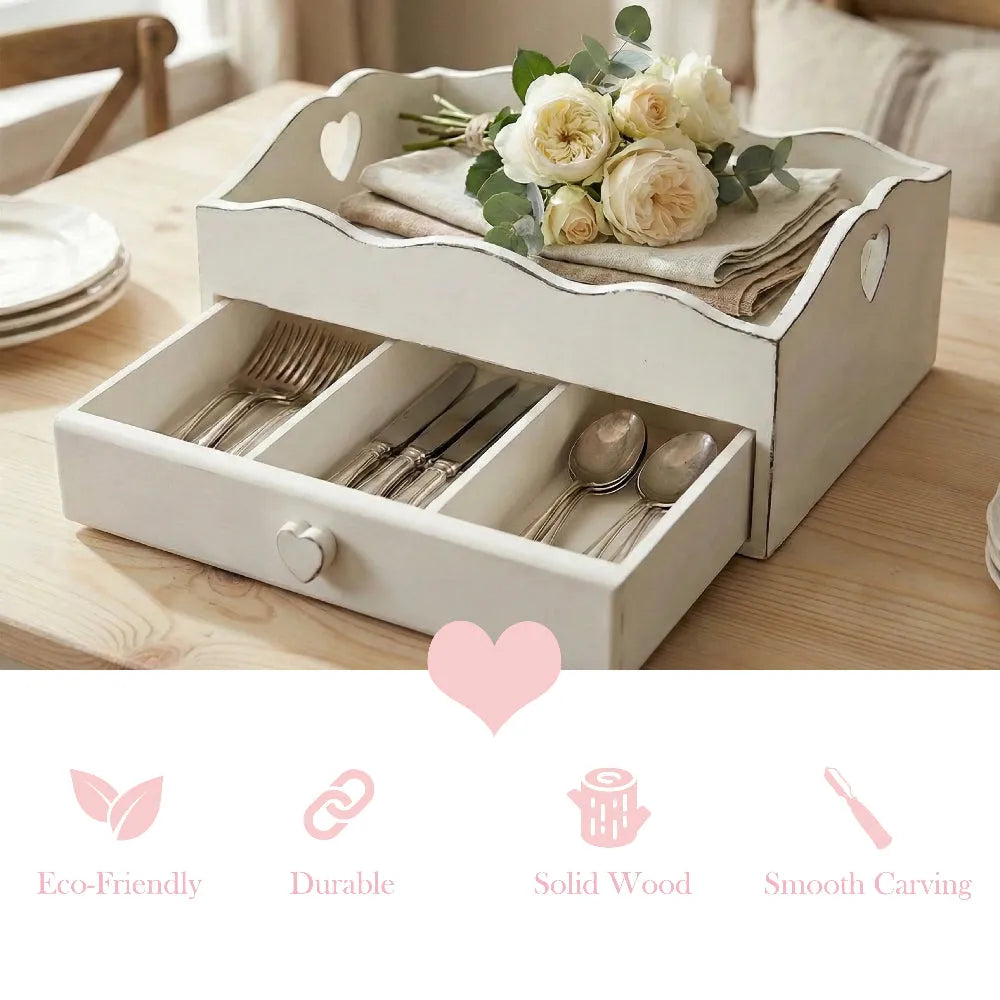 Heart Cut-Out Flatware Tray in white wood featuring rose design detailing for table organization