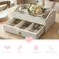 White wooden Heart Cut-Out Flatware Tray styled with white roses and linens on a table, featuring icons for eco-friendly, durable, solid wood, and smooth carving.