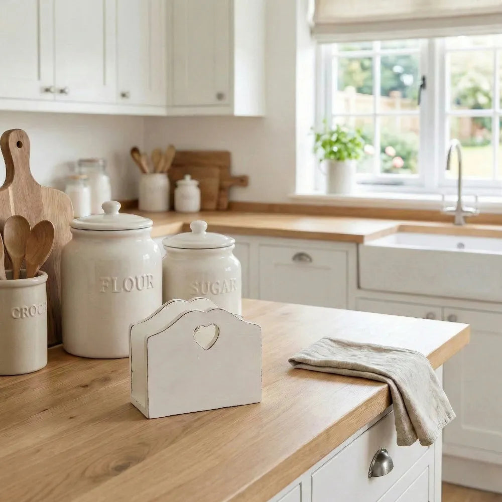 Heart Cut-Out Tissue Holder styled on kitchen counter with storage canisters