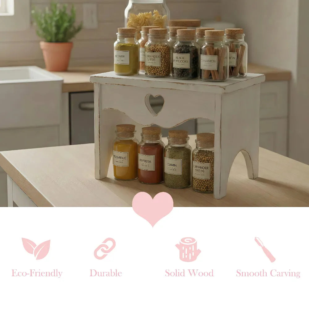 Heart Cut-Out Countertop Table with wooden spice jars displayed in kitchen setting