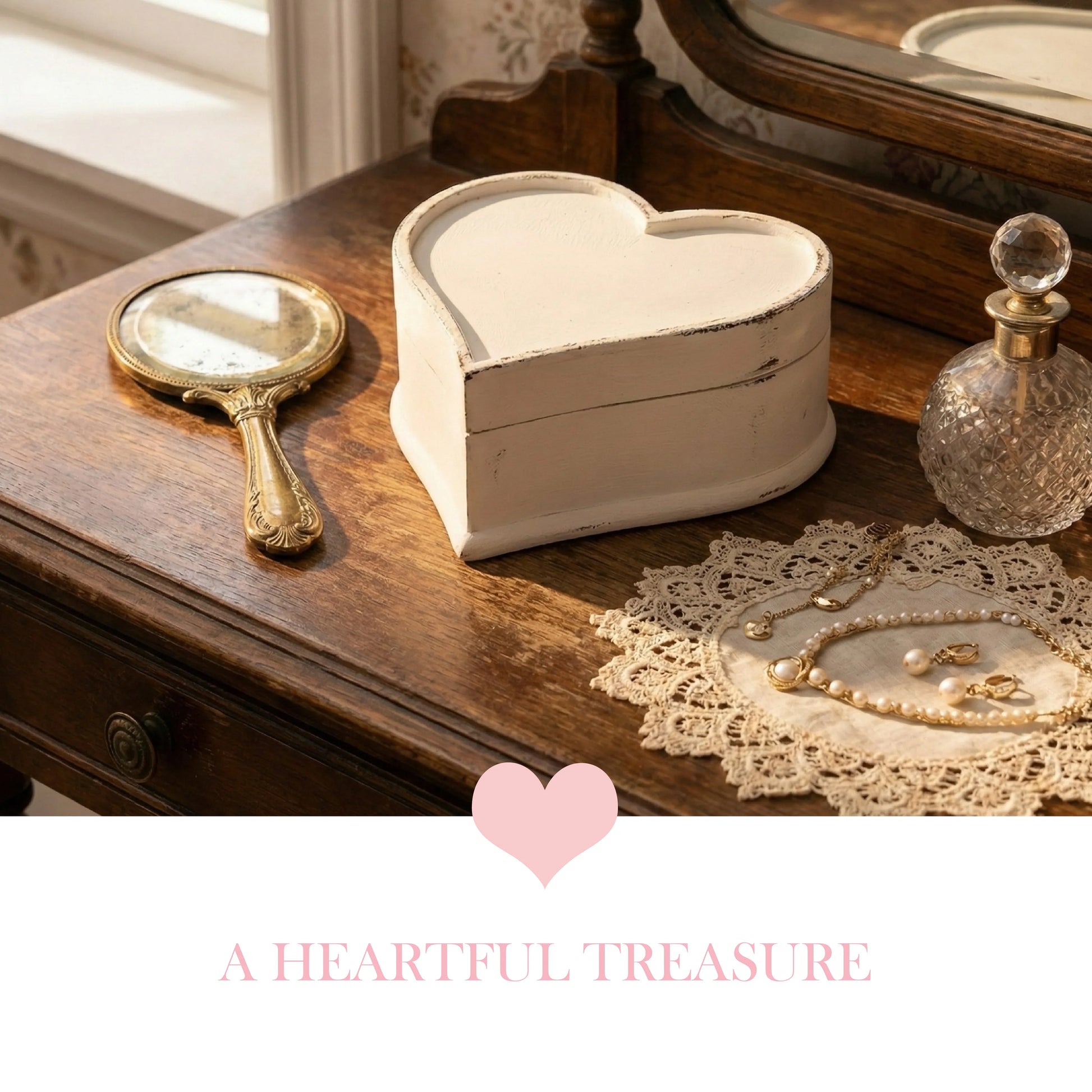 Heart-shaped box, hand mirror, and perfume bottle on a wooden surface with 'A Heartful Treasure' text.