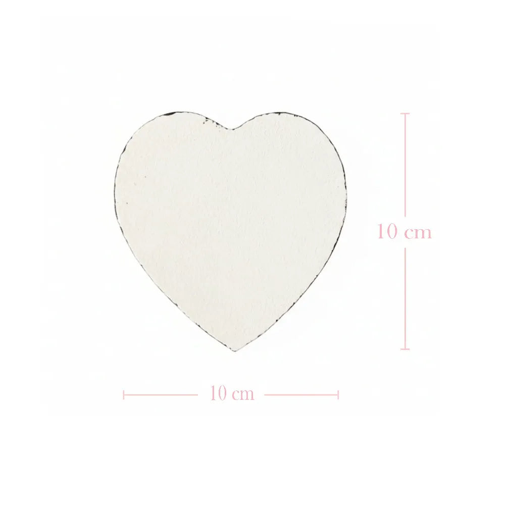 White heart-shaped coaster with pink 10 cm dimension lines indicating height and width on a white background.