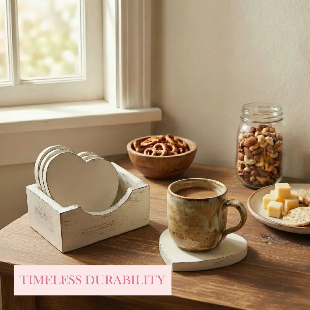 Heart-Shaped Coasters with Wooden Holder on table with coffee cup pretzels and nuts serving setup