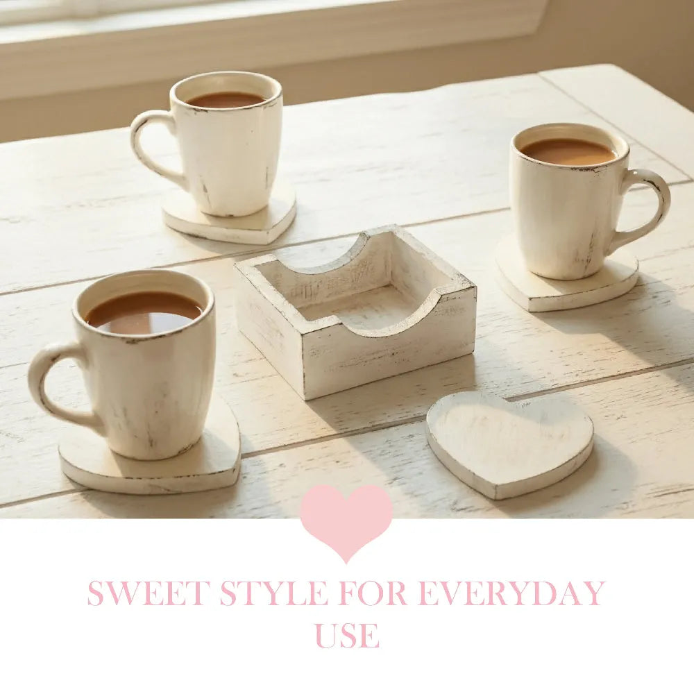 Heart-Shaped Coasters with Wooden Holder displayed with white mugs, coffee, and decorative tabletop styling
