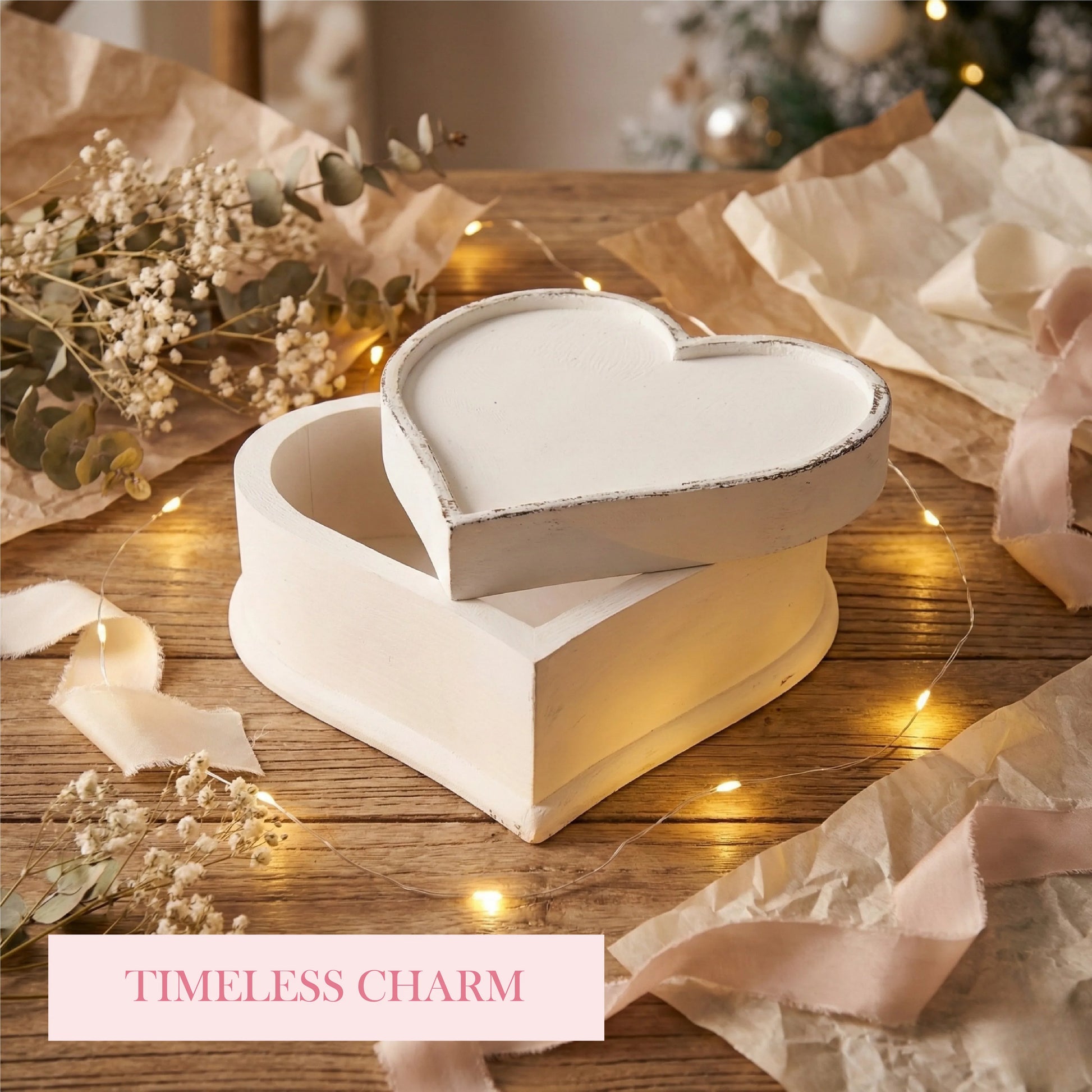 Heart-shaped decorative box on a wooden surface with decorative elements and 'Timeless Charm' text.