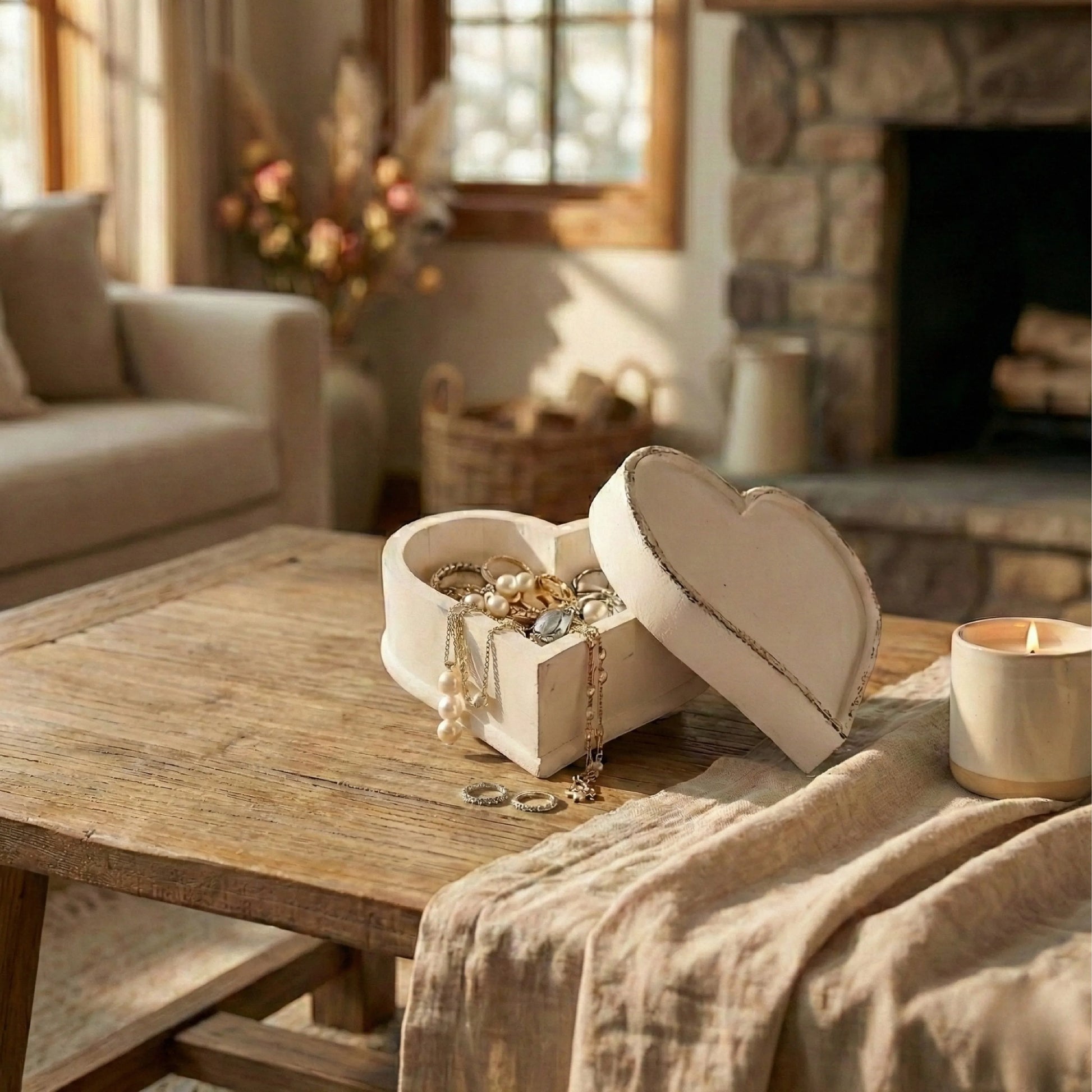 Heart-shaped jewelry box on a wooden table in a cozy living room with a stone fireplace.