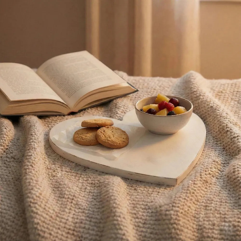 Heart-Shaped Serving Board with fruit and cookies on it over textured blanket