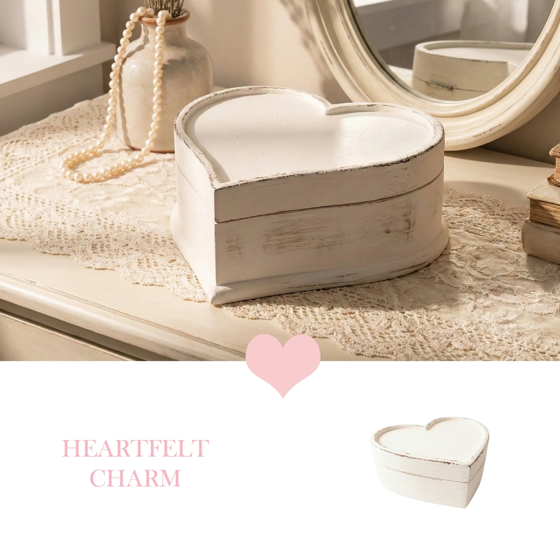 Heart-shaped wooden box on a textured surface with 'Heartfelt Charm' text.