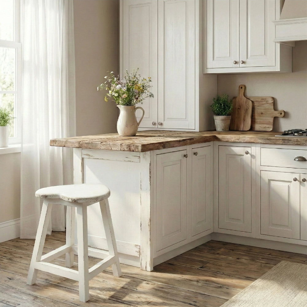 White heart-shaped wooden stool by a rustic kitchen island with cream cabinets, wildflowers, and cutting boards.