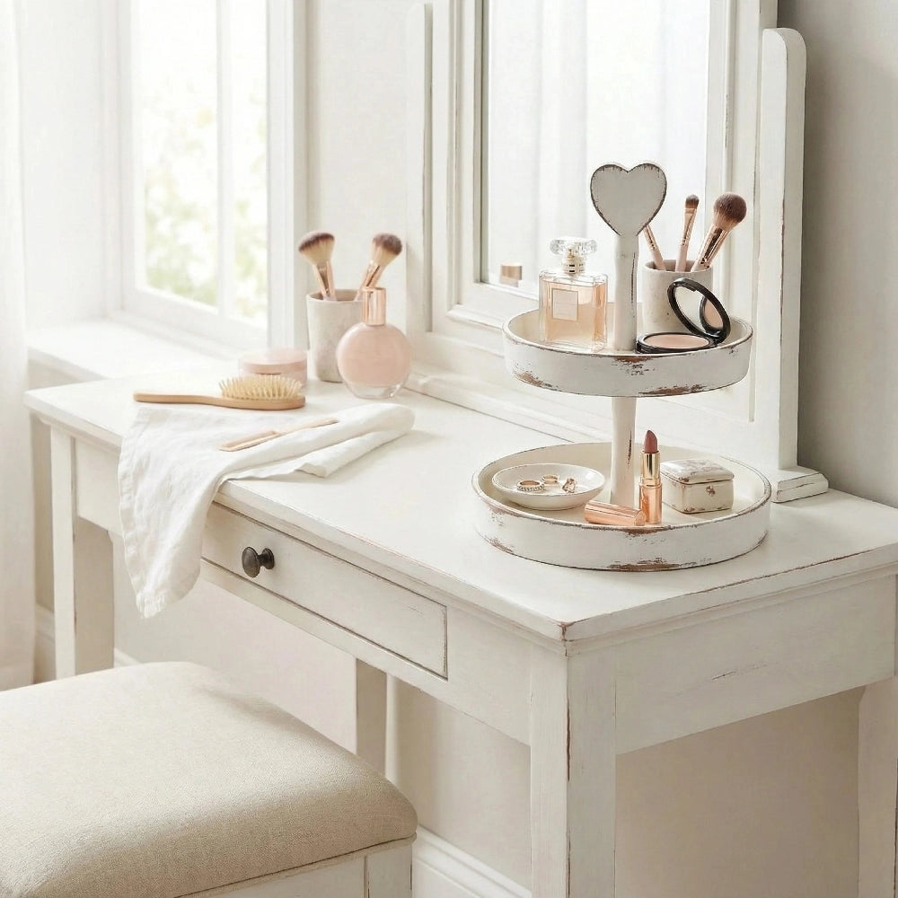 Heart-Topped Two-Tier Wooden Display Tray holding cookies and mugs of coffee on wooden table for Country Charm serving decor