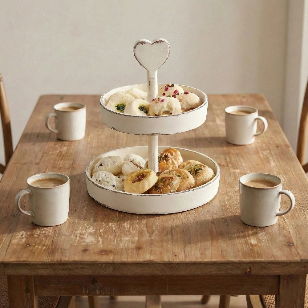 Heart-Topped Two-Tier Wooden Display Tray used for serving pastries and coffee in Country Charm home decor setting
