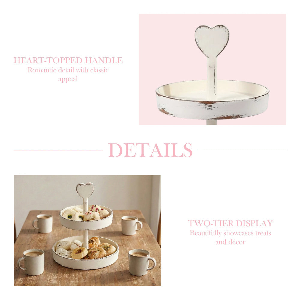 Heart-Topped Two-Tier Wooden Display Tray product details showing structure and design for Country Charm home decor use