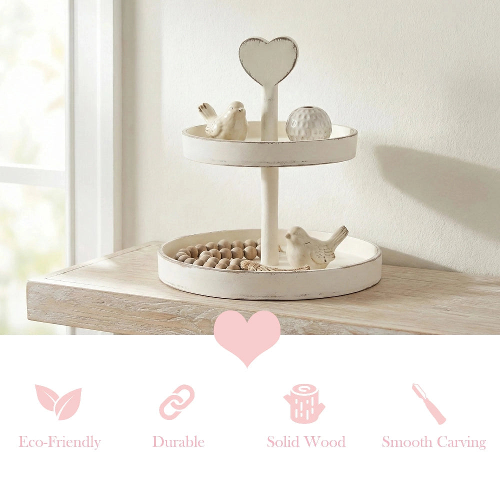 Heart-Topped Two-Tier Wooden Display Tray product features infographic showing design details and usage on white background