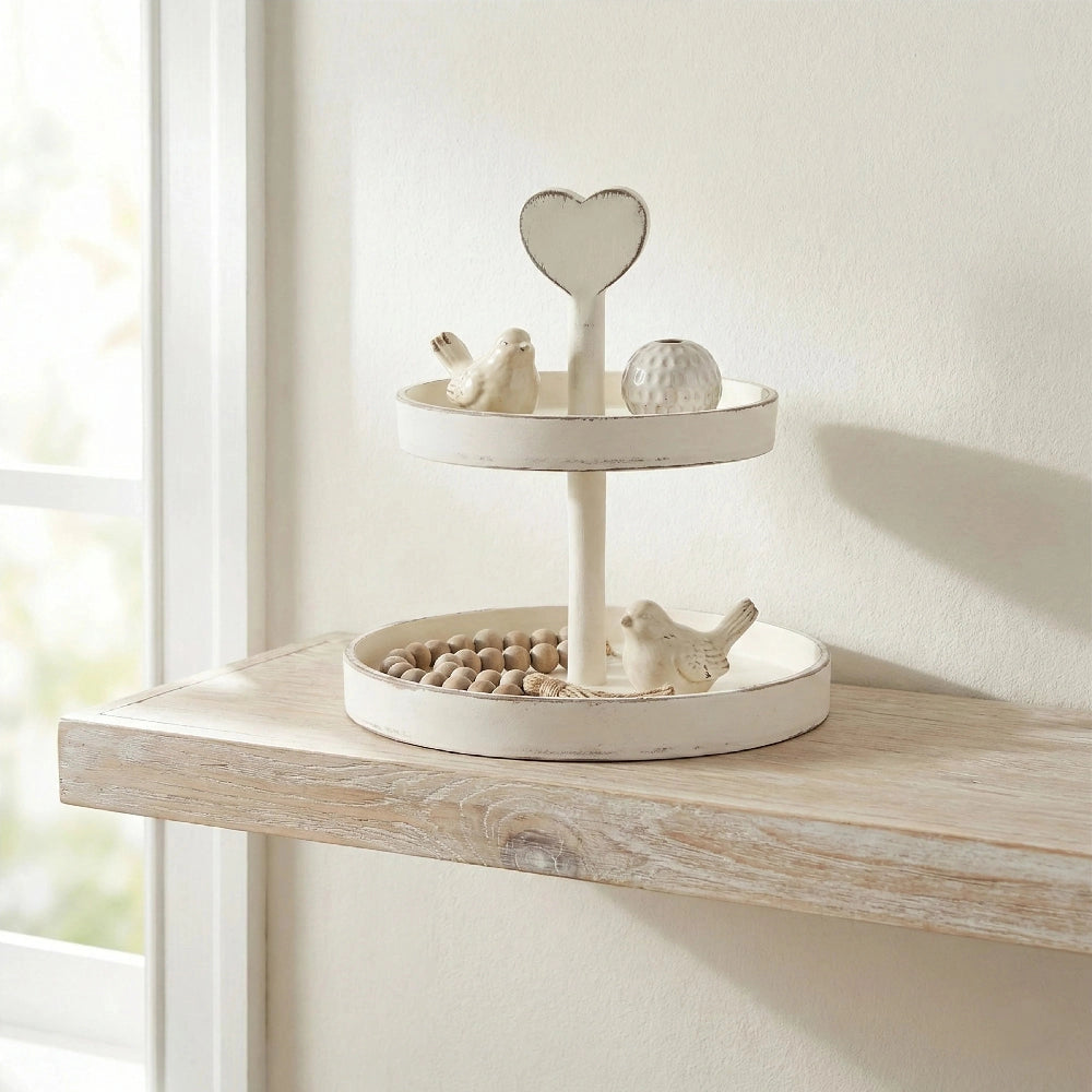 Heart-Topped Two-Tier Wooden Display Tray used for Country Charm home decor serving and shelf organization display