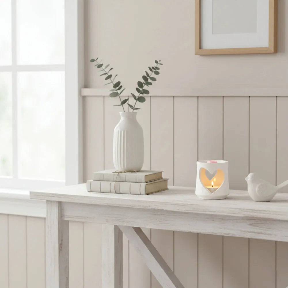 White heart-cutout wax melter with a lit candle, a bird figurine, and a vase with eucalyptus branches on books over a wooden table.