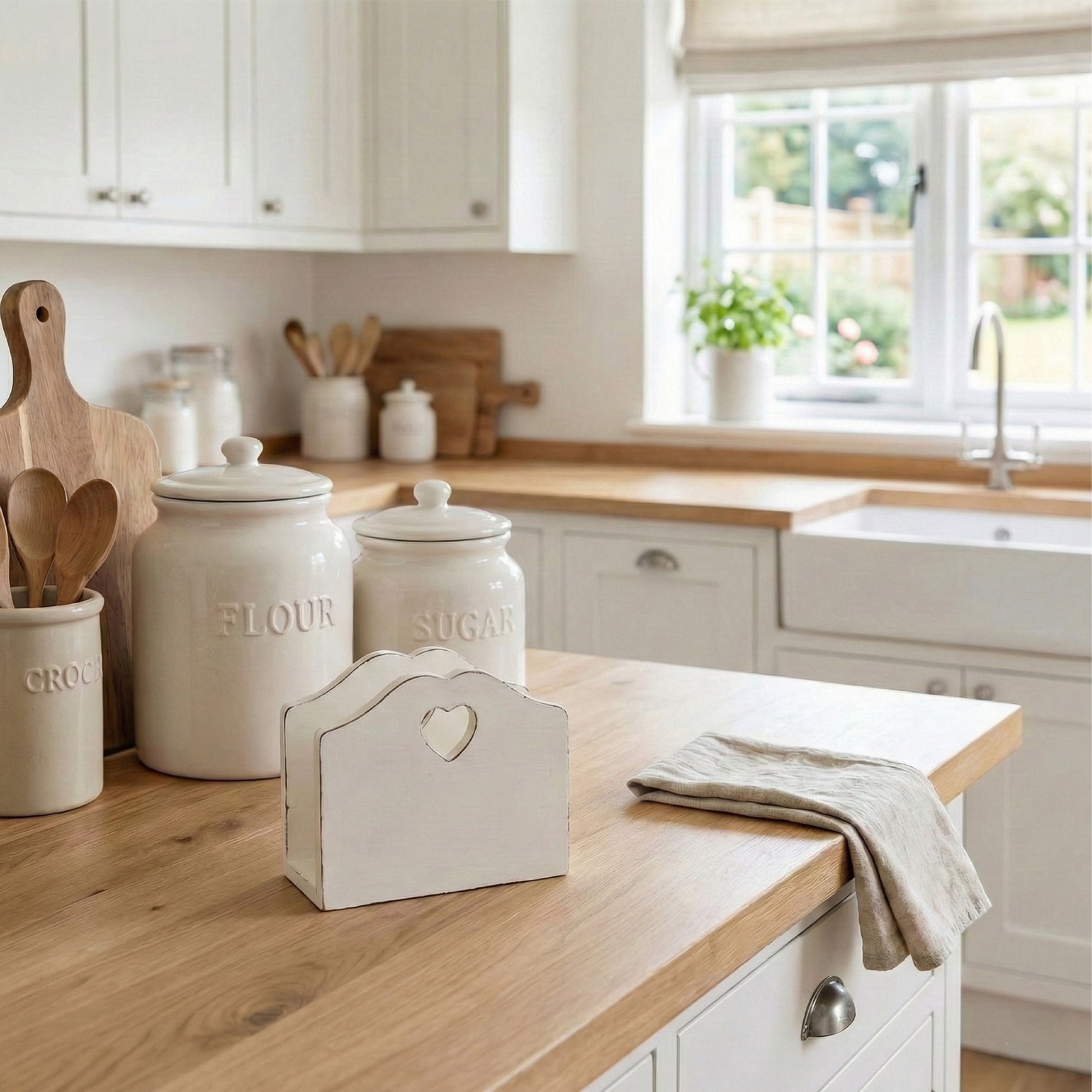 Kitchen counter with flour and sugar canisters, a heart-shaped tissue holder, and a towel in a bright kitchen.