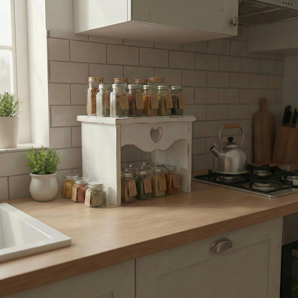 Kitchen counter with spice jars on a white countertop table, tiled wall, and stove in the background.