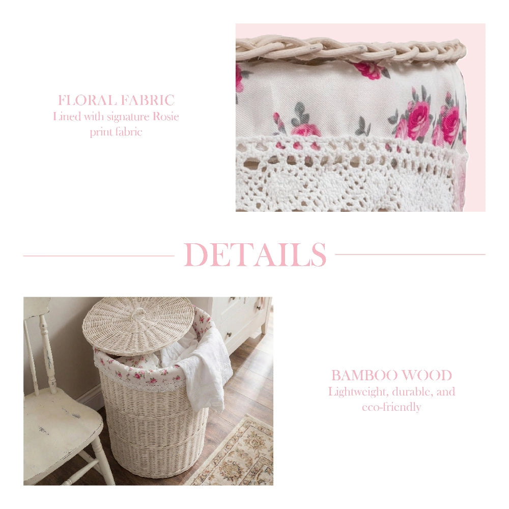 Large Cottage Wicker Hamper with floral fabric lining and bamboo frame on white background