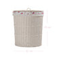 Large Cottage Wicker Hamper with lid, floral lining, and dimensions on white background