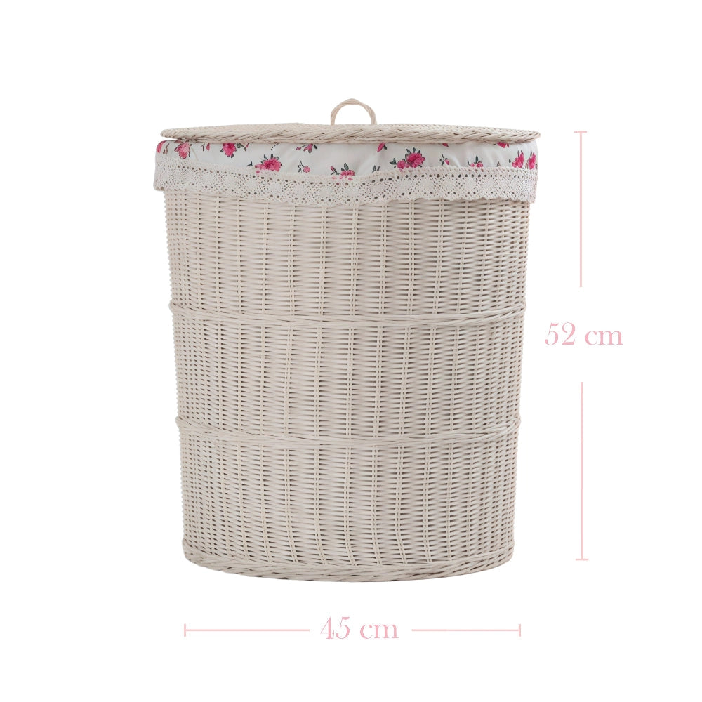 Large Cottage Wicker Hamper with lid, floral lining, and dimensions on white background