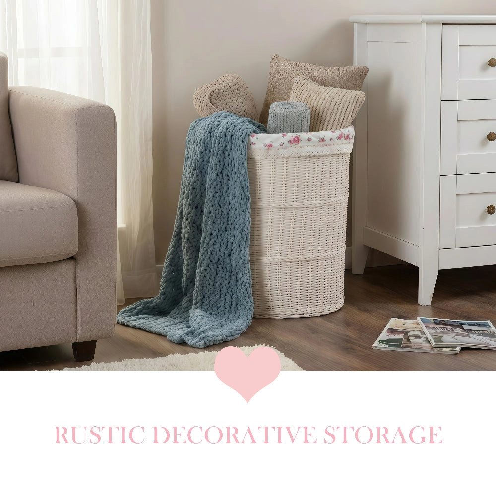 Large Cottage Wicker Hamper with folded blankets in a living room for decorative storage