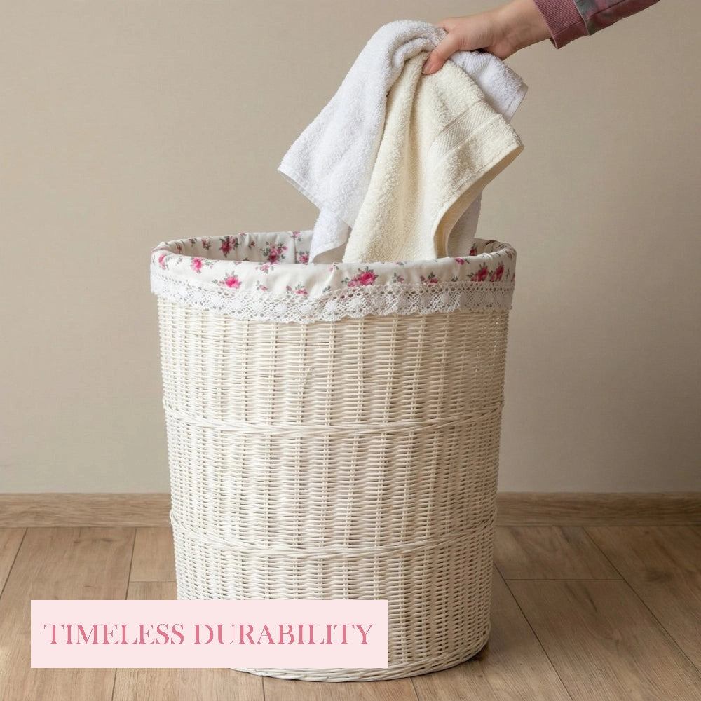 Large Cottage Wicker Hamper woven laundry basket used for towel storage with durability text