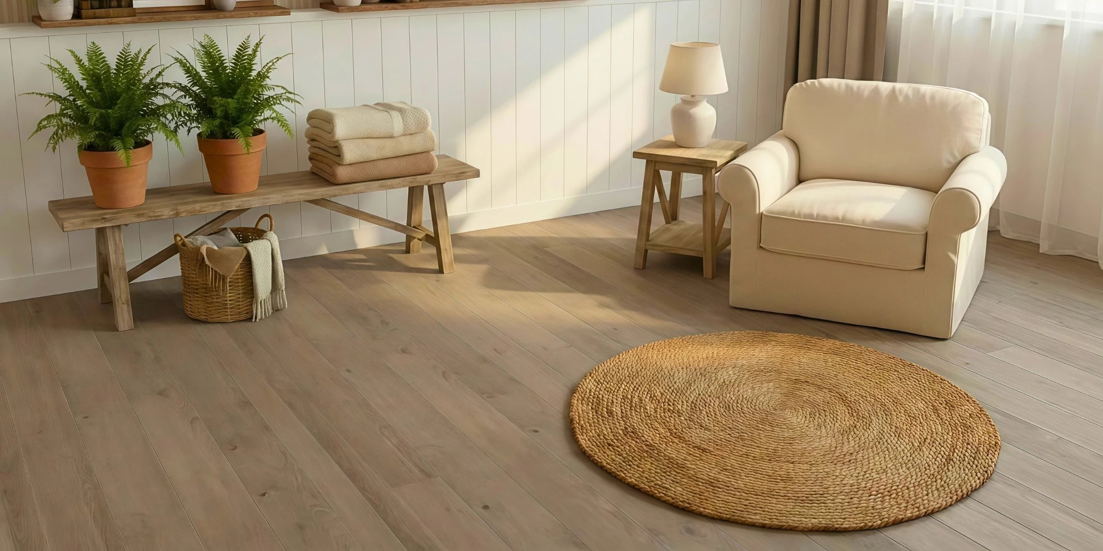 Living room with beige armchair, wooden coffee table, and round woven rug.