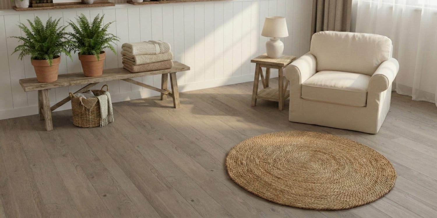 Living room with a beige armchair, wooden coffee table, and round woven rug.