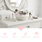 Makeup vanity with a Cottage Round Wicker Basket of brushes and products, featuring a heart icon and product features text.