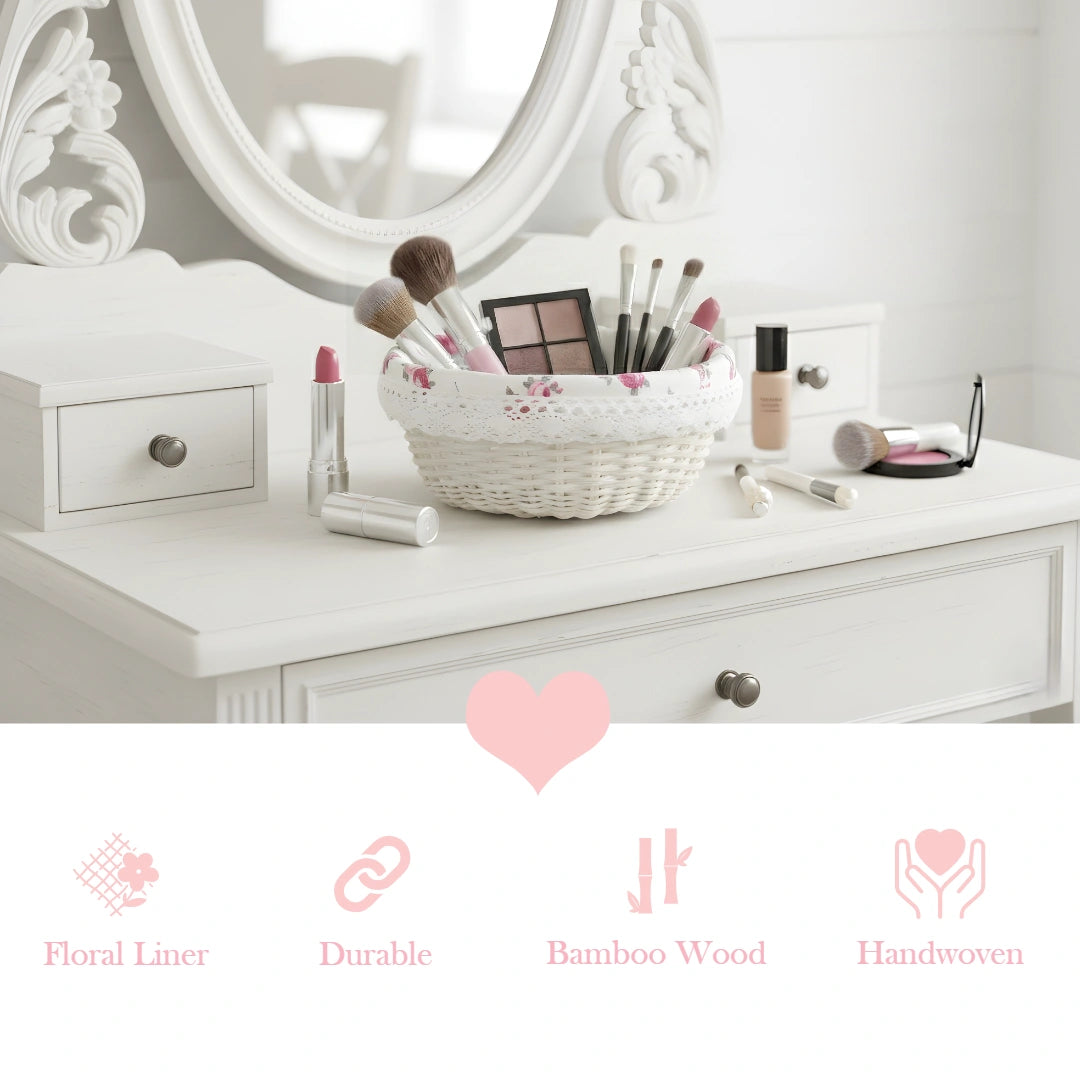 Makeup vanity with a Cottage Round Wicker Basket of brushes and products, featuring a heart icon and product features text.