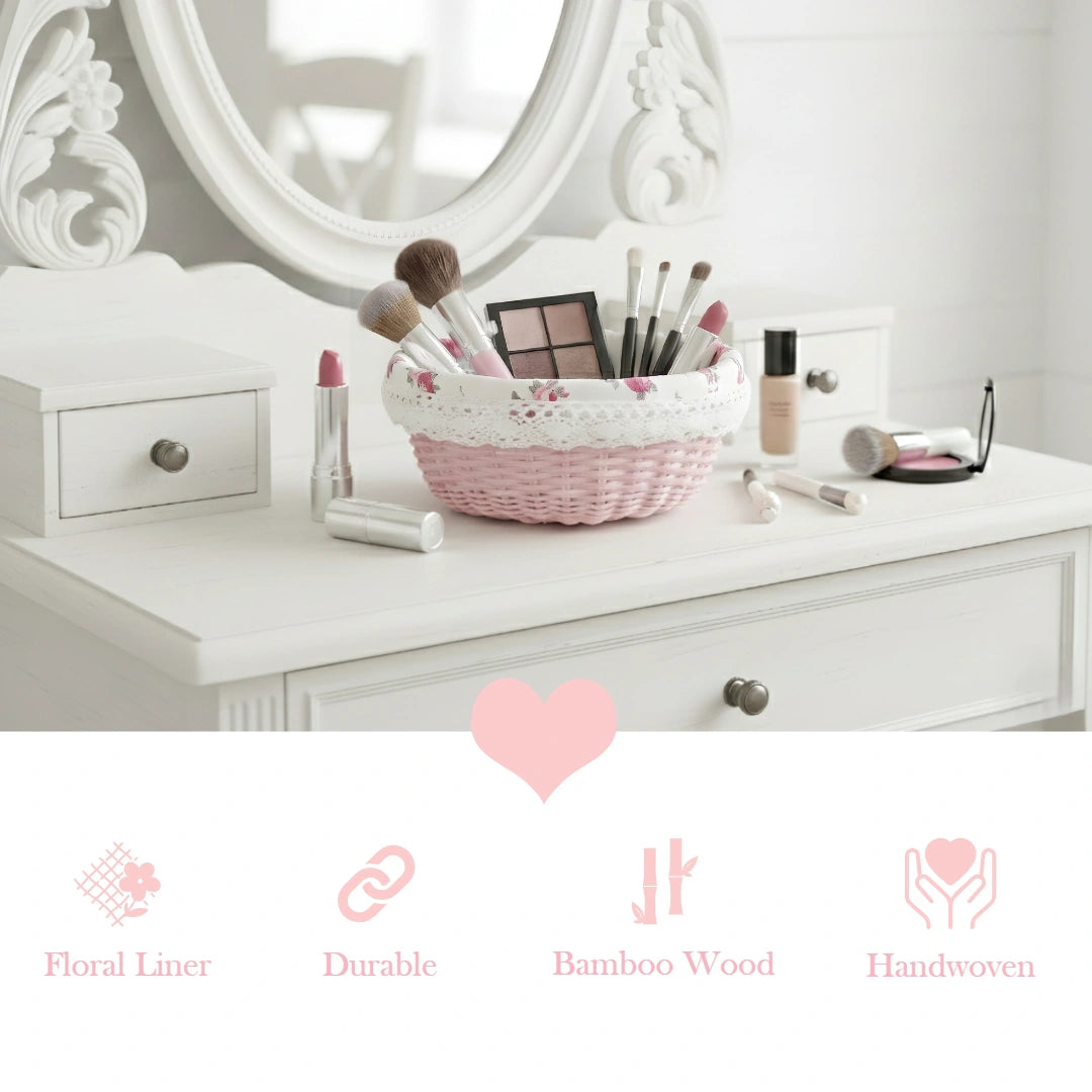 Makeup vanity with a Cottage Round Wicker Basket of brushes and products on a white dresser.