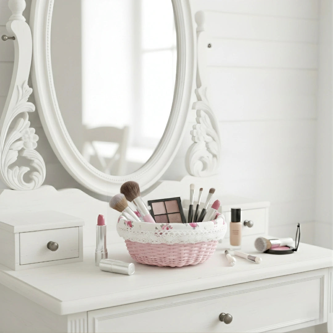 Makeup vanity with decorative mirror Cottage Round Wicker Basket and various makeup items on a white surface.
