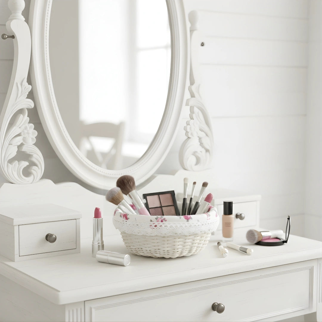 Makeup vanity with mirror, Round Wicker Basket of brushes, and various makeup items on a white dresser.