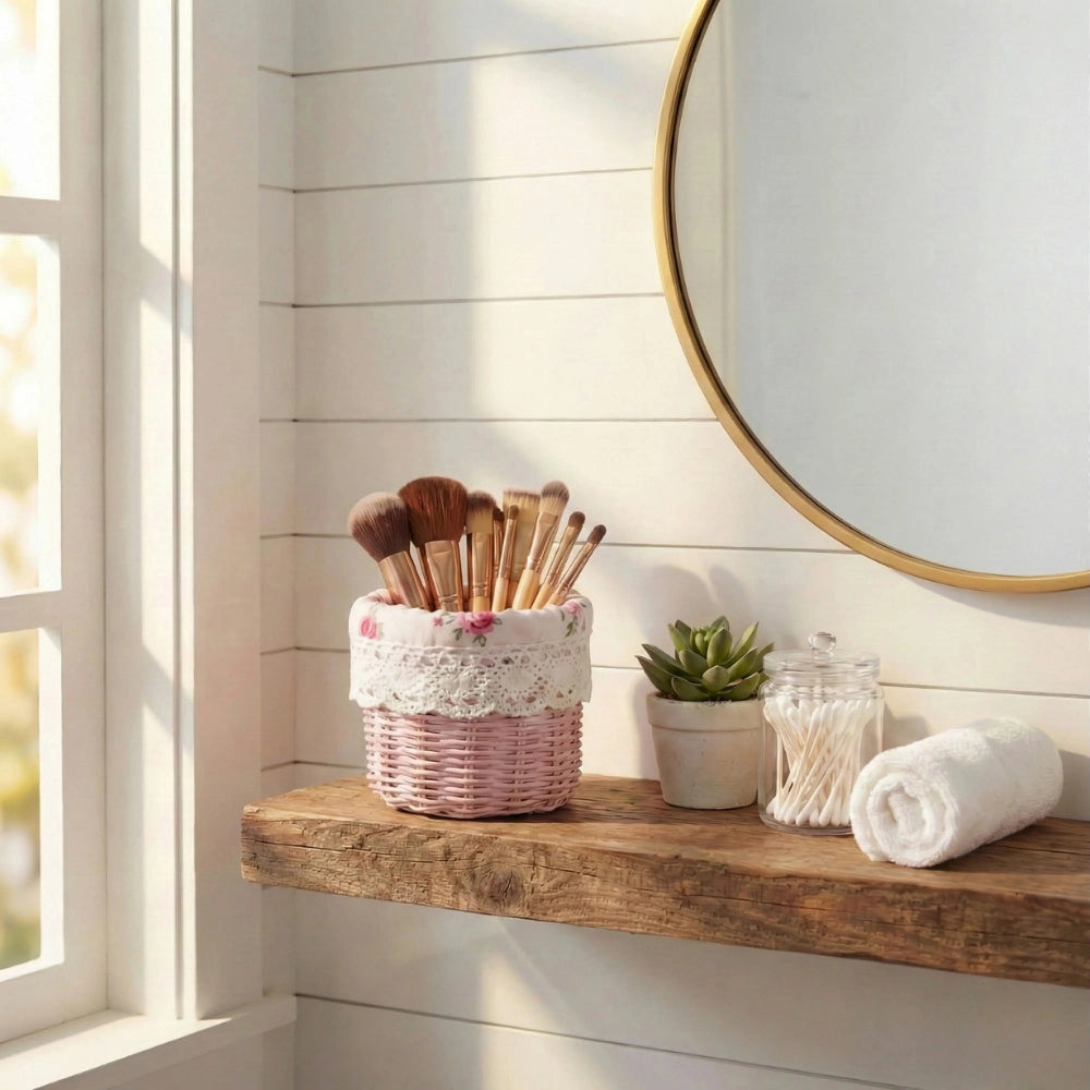 Mini Tube Wicker Basket used as bathroom storage holding makeup brushes on shelf beside mirror and window